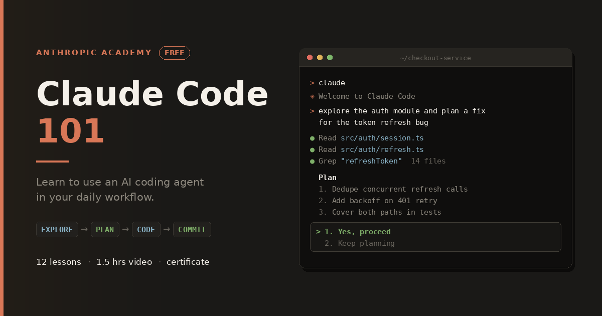Claude Code 101: Anthropic’s Free Course on Working With an AI Coding Agent Claude Code 101: Anthropic’s Free Course on Working With an AI Coding Agent